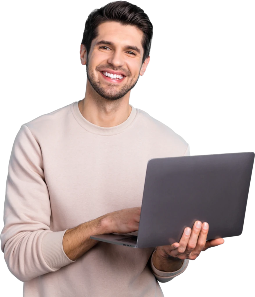 Man met laptop die lacht